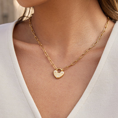 18K Gold Heart Keeper Pendant Paperclip Herringbone Snake Chain Layered Necklace Set