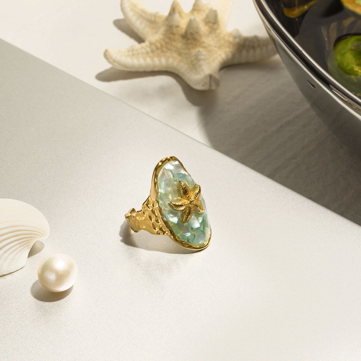 18K Gold Aqua Obsession Blue Starfish Statement Ring