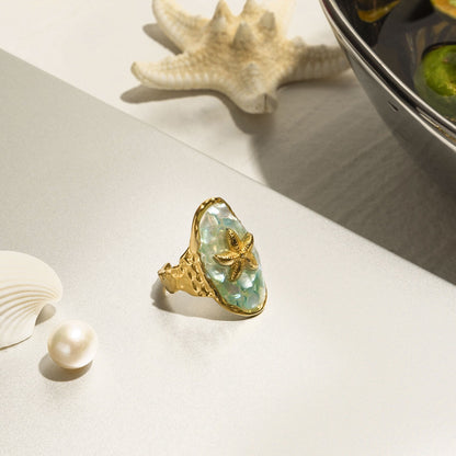 18K Gold Aqua Obsession Blue Starfish Statement Ring