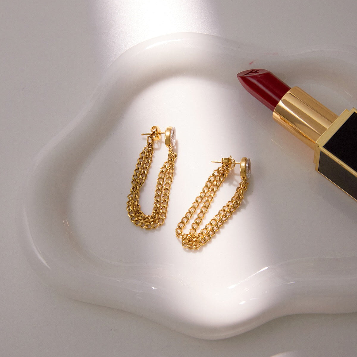 18K Gold Soft Sway Chain Drop Dangle CZ Stud Earrings