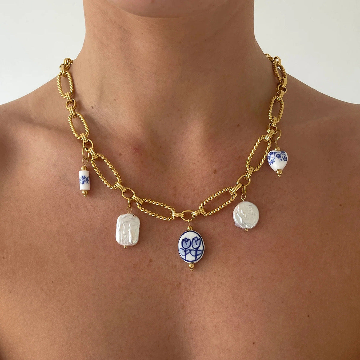 18K Gold Baroque Pearl Paperclip Chain Statement Charm Necklace