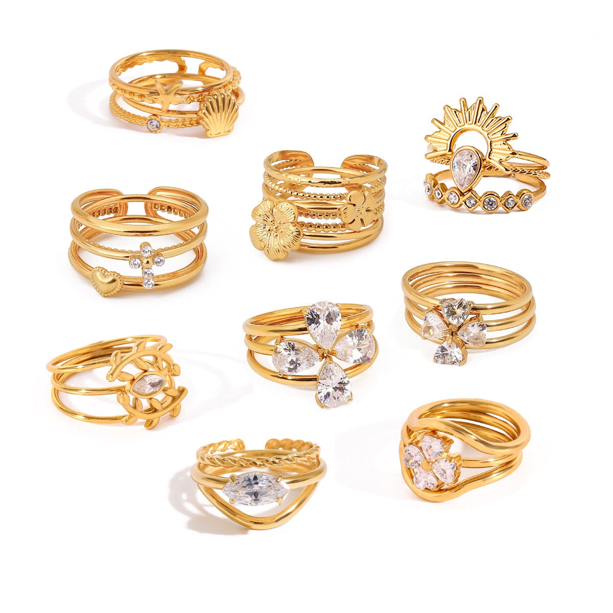 18K Gold Goddess Glow Four Leaf Clover Stacking Rings Set