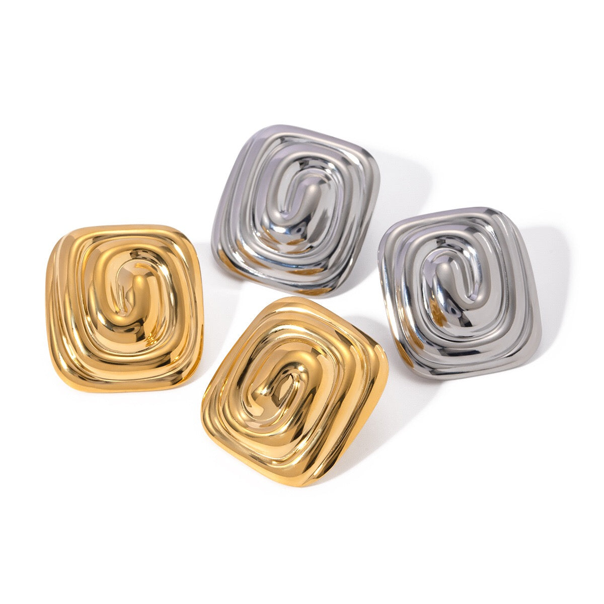 18K Gold Swirl Square Statement Stud Earrings