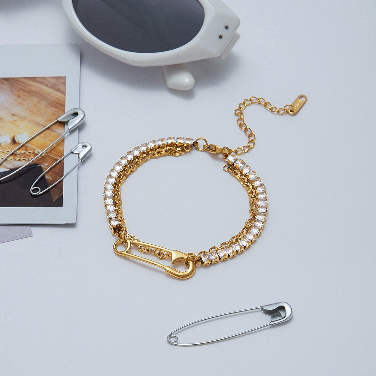 18K Gold Safety Pin Tennis Double Chain Heart Bangle Bracelet Stack