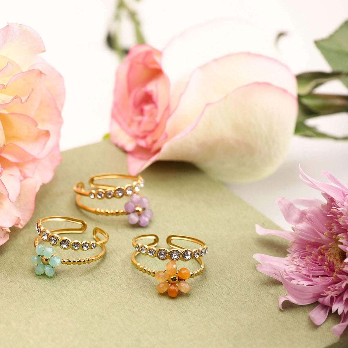 18K Gold Pastel Color Bejeweled Flower Ring