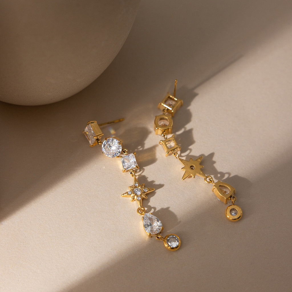 18K Gold Cosmic Cascade Star Statement Drop Earrings