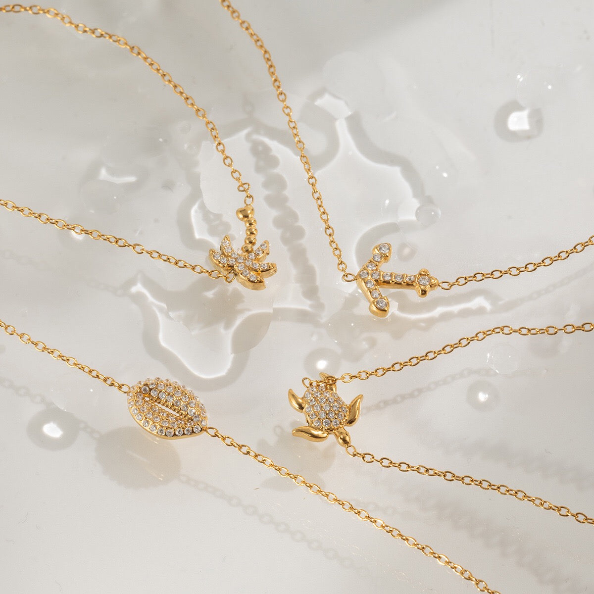 18K Gold Ocean Sparkle Seashell Palm Tree Dainty Pave Pendant Necklace Jewelry Set