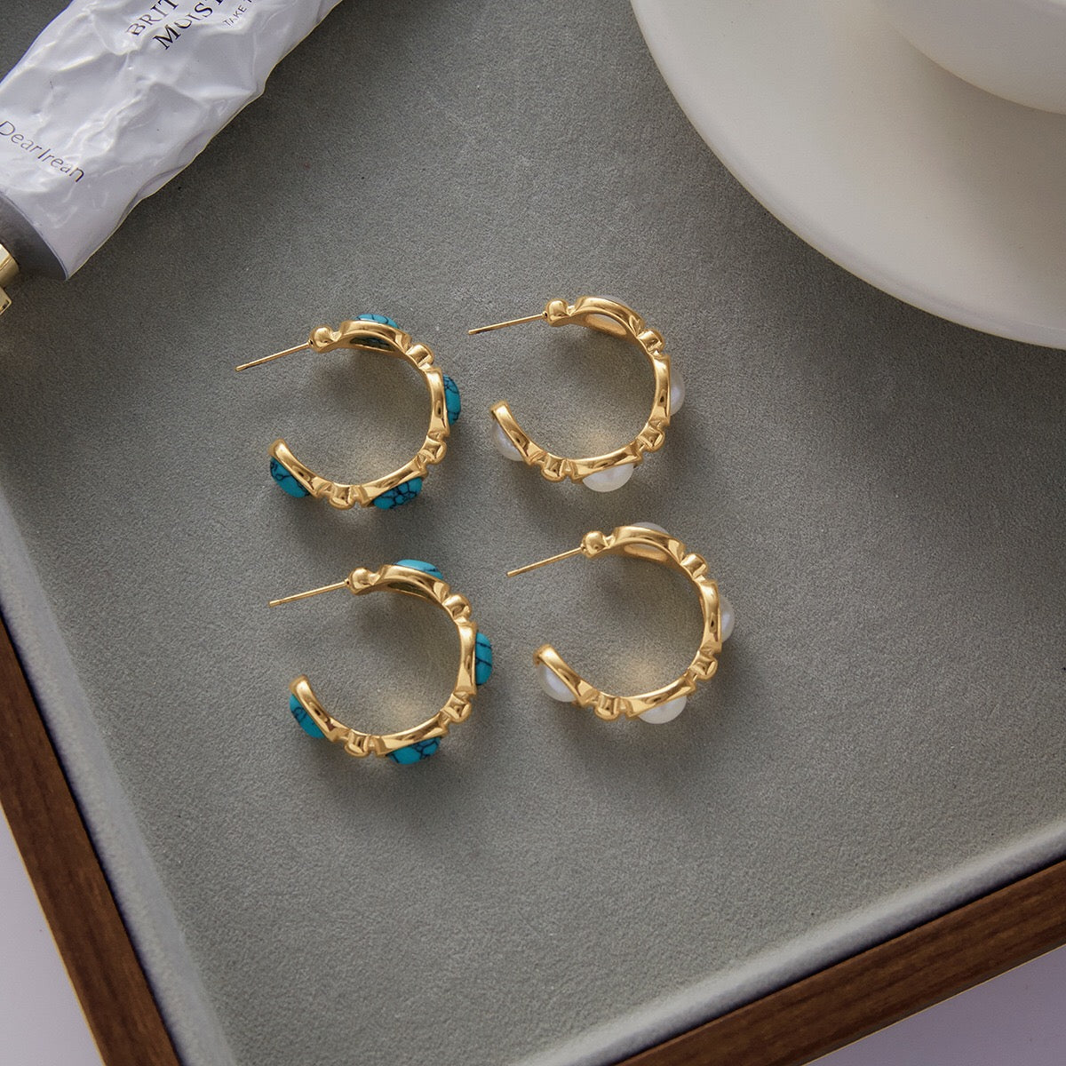 18K Gold Modern Charm Pearl Turquoise Hoop Earrings
