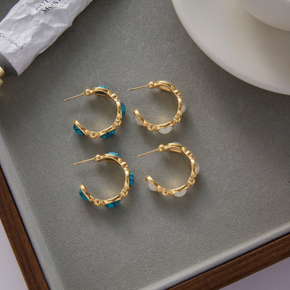 18K Gold Modern Charm Pearl Turquoise Hoop Earrings