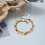 18K Gold Safety Pin Tennis Double Chain Heart Bangle Bracelet Stack
