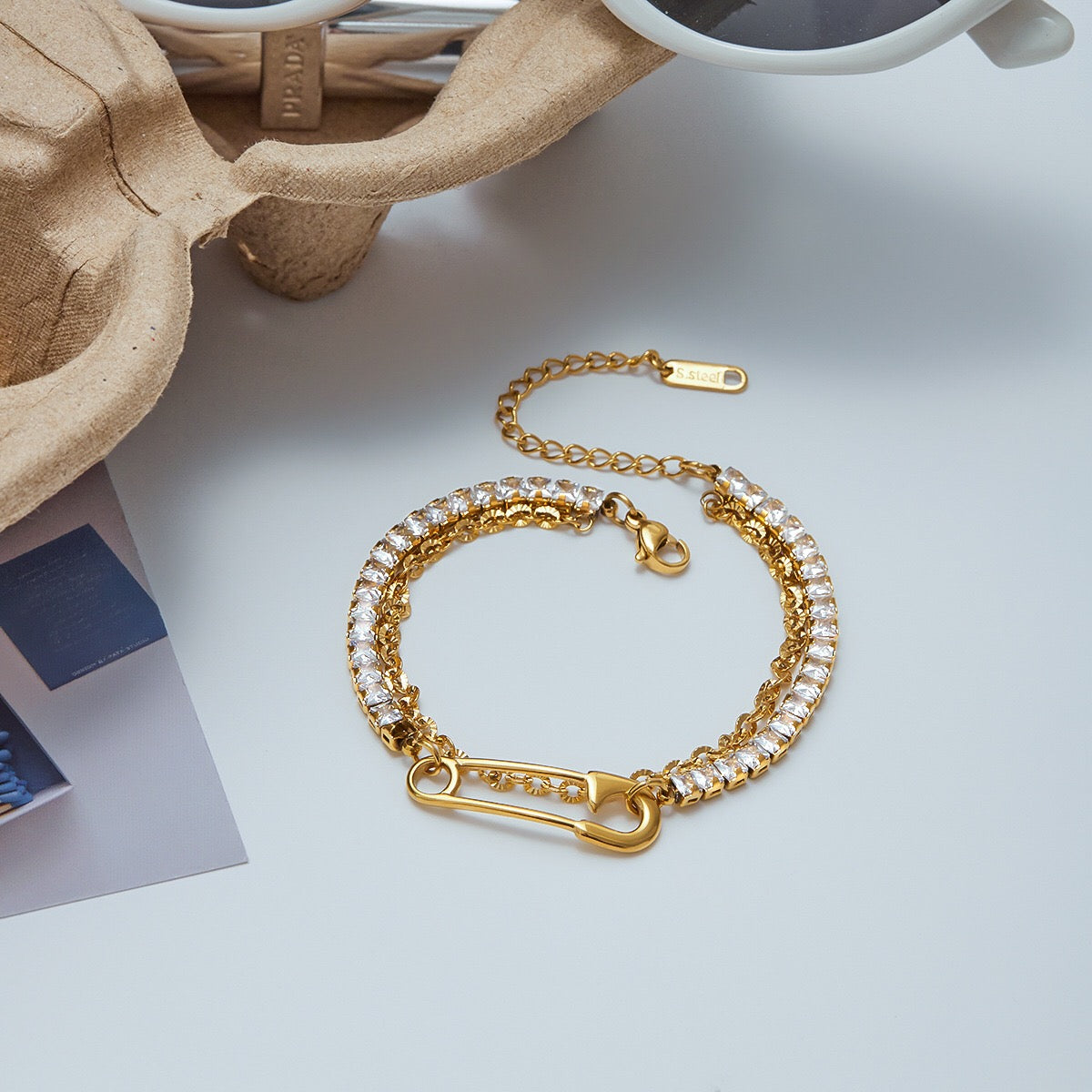 18K Gold Safety Pin Tennis Double Chain Heart Bangle Bracelet Stack