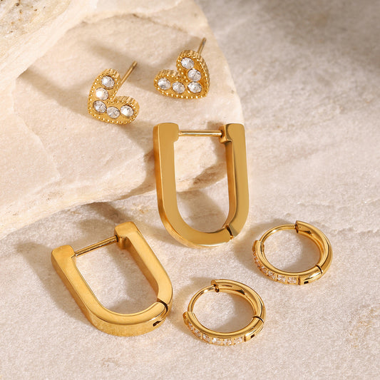 18K Gold Heart Studs Small Hoop Huggie Earrings Set