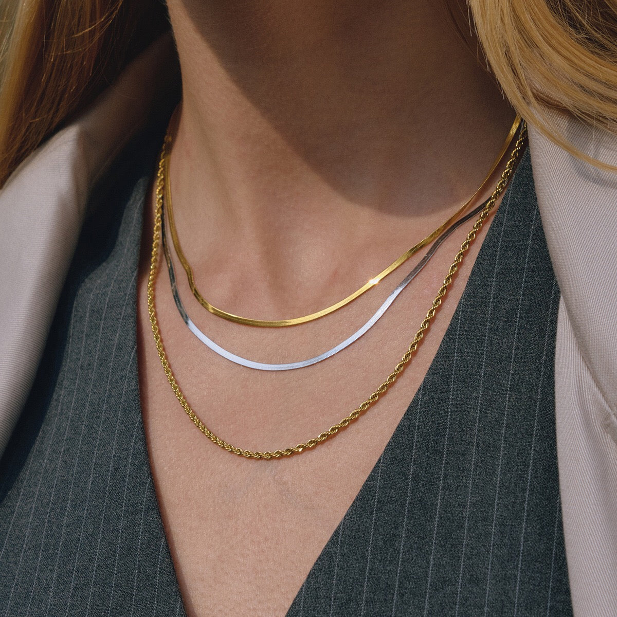 18K Gold and Silver Two Tone Herringbone Snake Rope Chain Layered Necklace Set