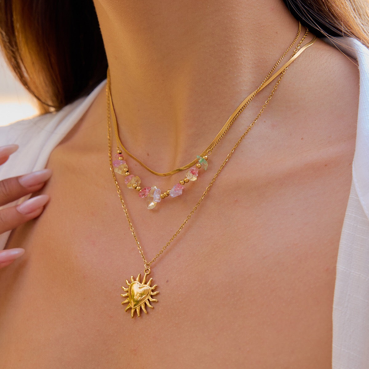 18K Gold Heart Pendant Gemstone Beaded Herringbone Snake Chain Layered Necklace Set
