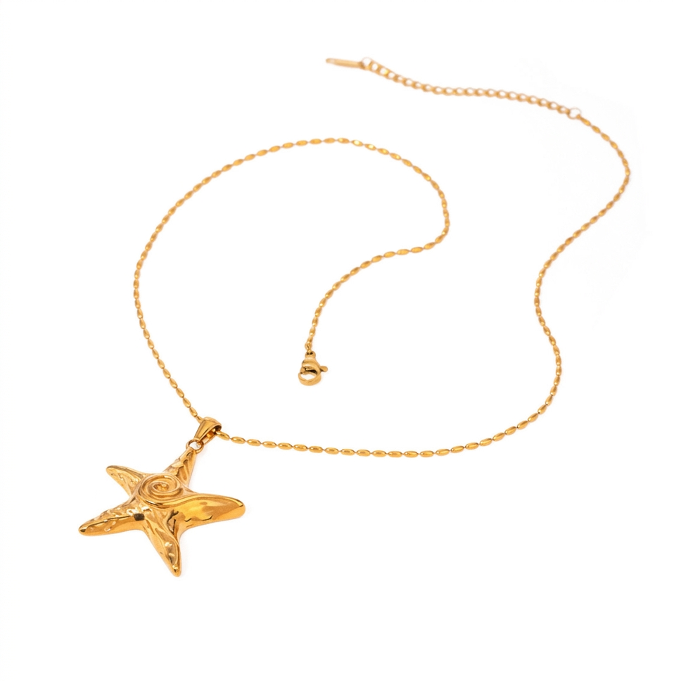 18K Gold Ocean Swirl Starfish Pendant Necklace & Statement Ring Set