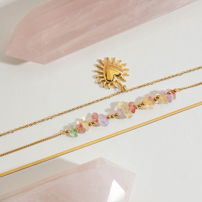 18K Gold Heart Pendant Gemstone Beaded Herringbone Snake Chain Layered Necklace Set