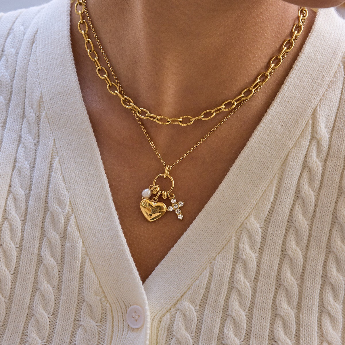 18K Gold Sinfully Yours Heart Cross Pearl Charm Necklace