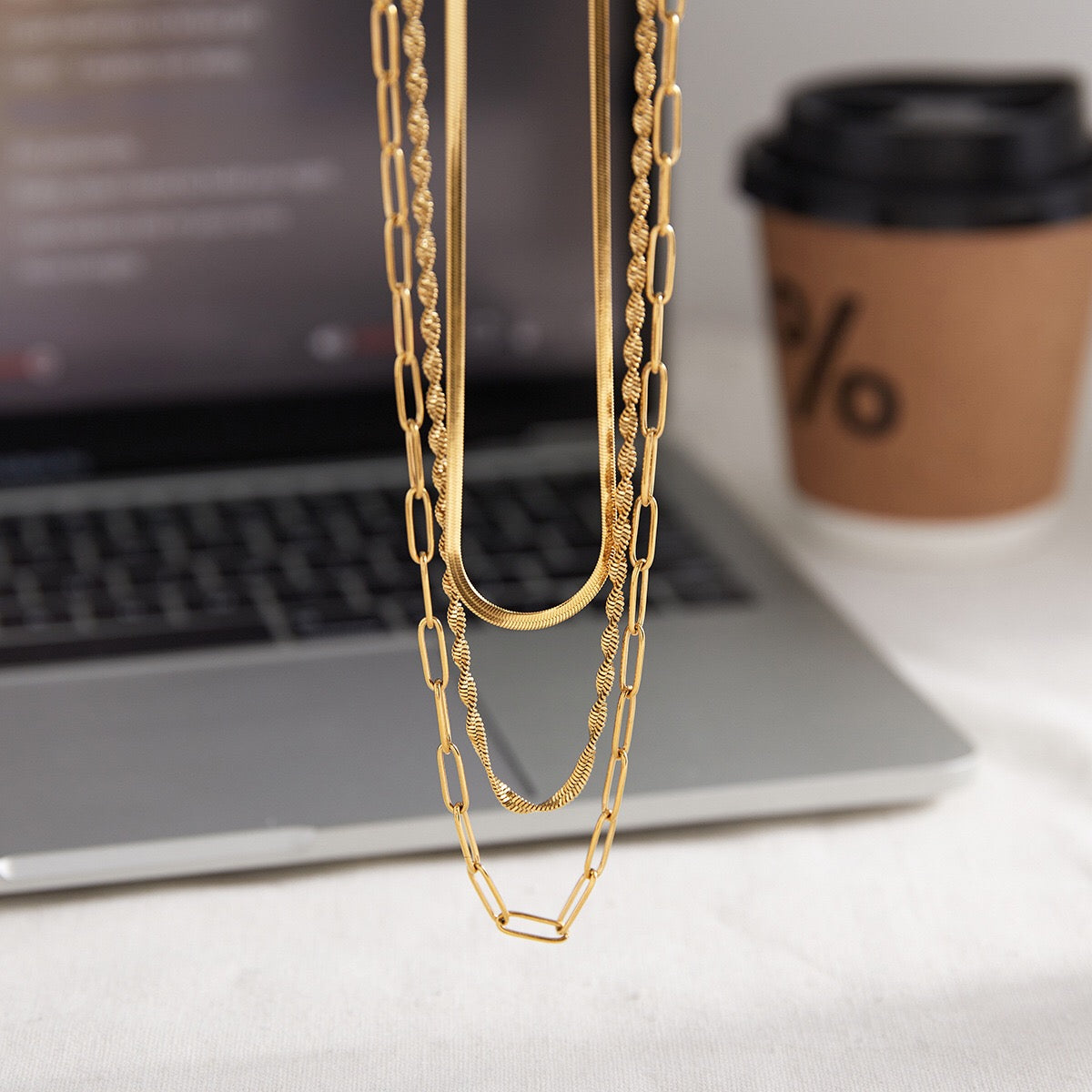 18K Gold Quiet Luxe Paper Clip Herringbone Snake Chain Layered Necklace Set