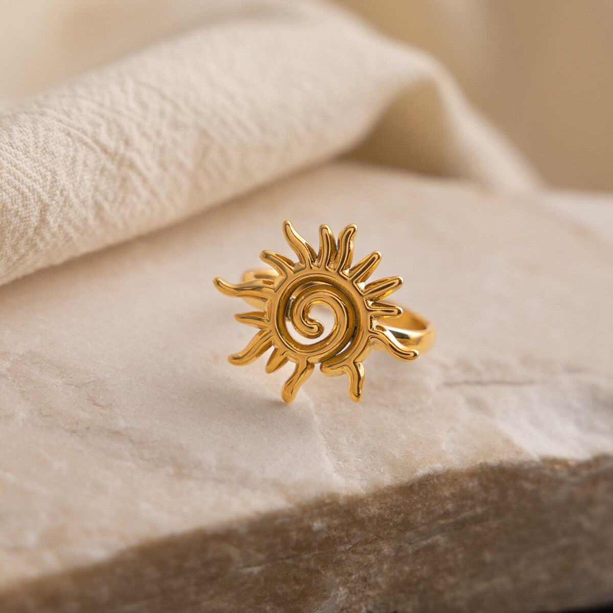 18K Gold Golden Spiral Sun Statement Ring