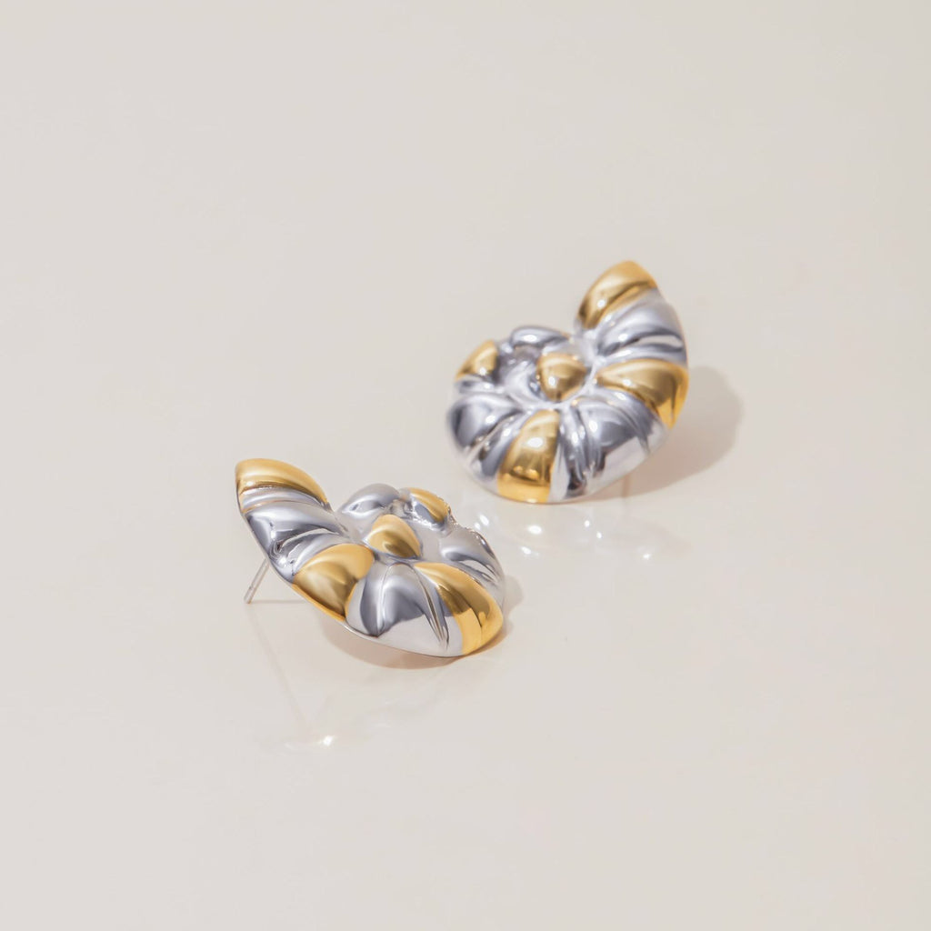 18K Gold Silver Two Tone Sea Shell Statement Stud Earrings