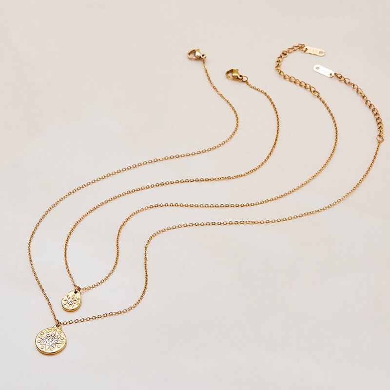18K Gold Cascading Sun Pedant Paperclip Chain Layered Necklace Set