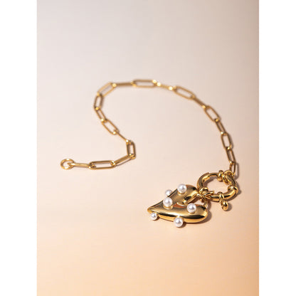 18K Gold Pearl Heart Paperclip Chain Charm Bracelet