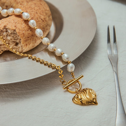 18K Gold Chunky Pearl Beaded Heart Pendant Circle Chain Layered Necklace Set