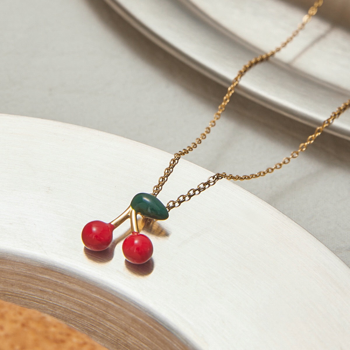 18K Gold Dainty Cherry Pendant Cute Choker Necklace