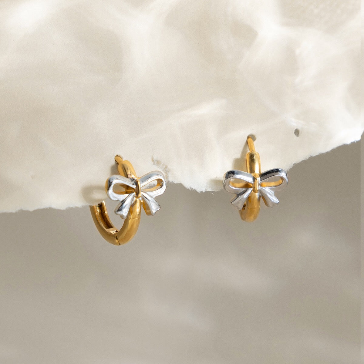 18K Gold and Silver Two Tone Bow Small Hoop Huggie Earrings