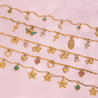 18K Gold Flirt Flower Bow Heart Charm Chain Bracelet Stack