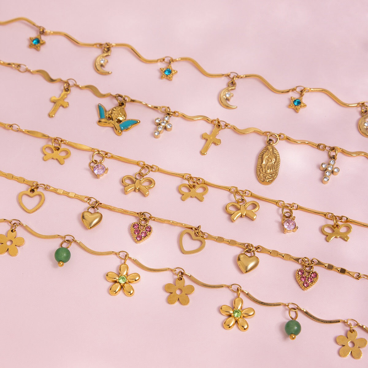 18K Gold Flirt Flower Bow Heart Charm Chain Bracelet Stack