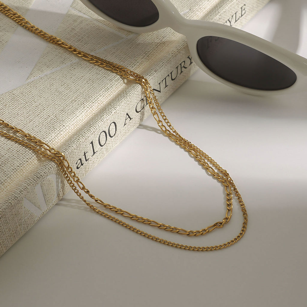 18K Gold Figaro Chain Double Layered Necklace