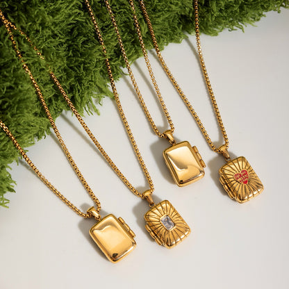 18K Gold Keepsake Heart Book Locket Pendant Box Chain Necklace