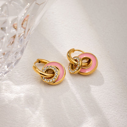18K Gold Blush Pop Pink Disc Small Hoop Dangle Huggie Earrings