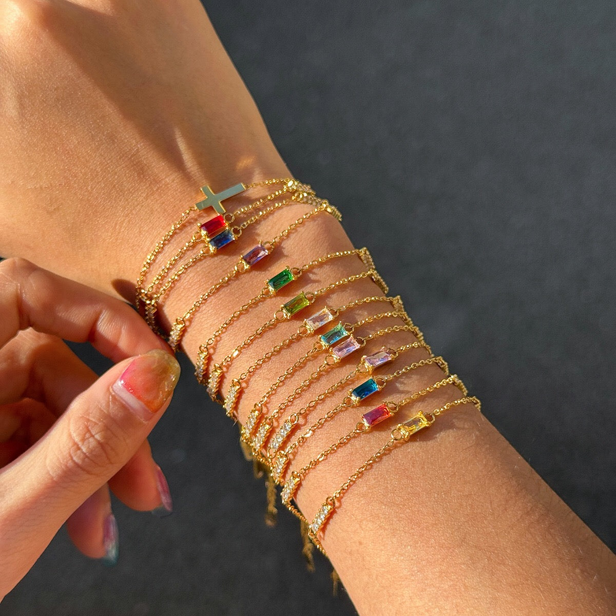 18K Gold Cross Birthstone Bracelets Set