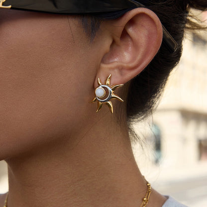 18K Gold and Silver Two Tone Eclipse Opal Sun and Moon Stud Earrings