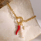 18K Gold Italian Horn Pearl Charm Bracelet