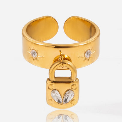 18K Gold Heart Locked Charm Statement Band Ring