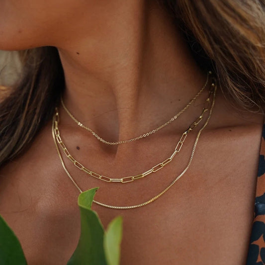 18K Gold Paperclip Box Chain Layered Necklace