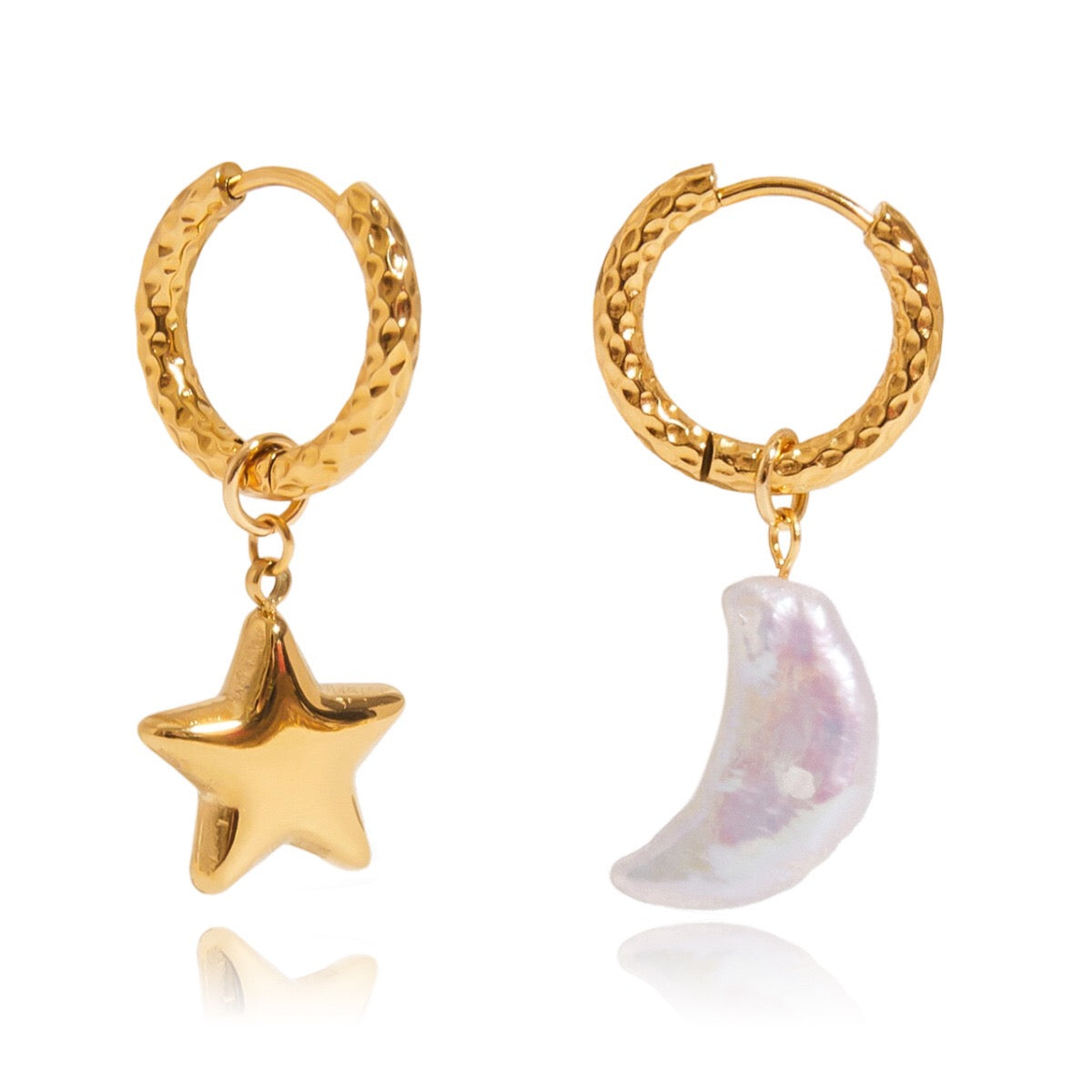 18K Gold Celestial Dream Star Pendant Pearl Moon Herringbone Chain Layered Necklace Set