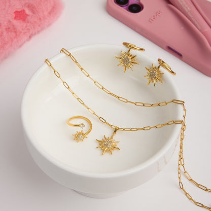 18K Gold Solar Pendant Paper Clip Double Chain Layered Necklace Set