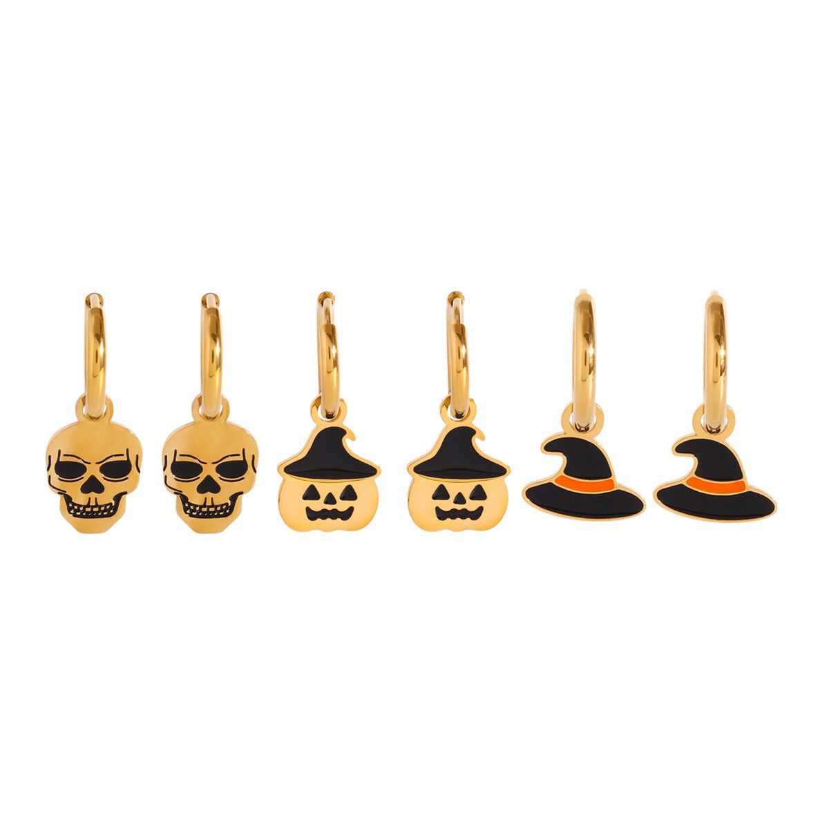18K Gold Halloween Pumpkin Skull Small Hoop Huggie Earrings with Charm