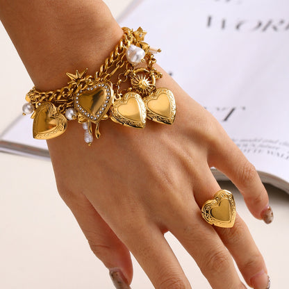 18K Gold Heart Locket Chunky Charm Bracelet