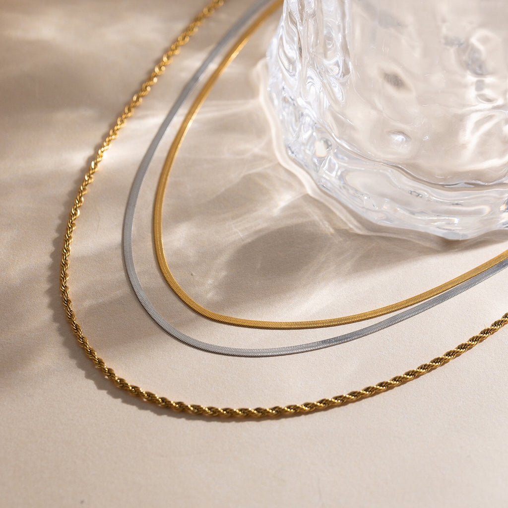 18K Gold and Silver Two Tone Herringbone Snake Rope Chain Layered Necklace Set