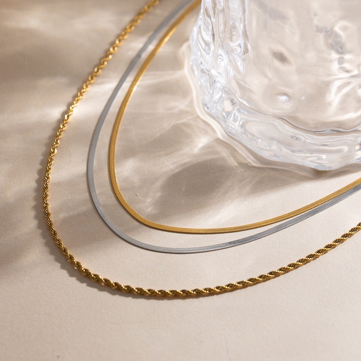 18K Gold and Silver Two Tone Herringbone Snake Rope Chain Layered Necklace Set