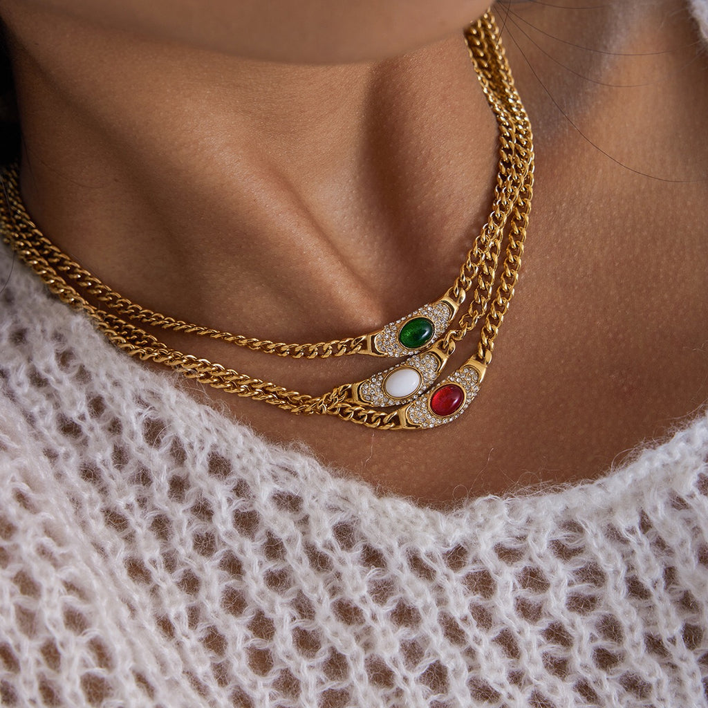 18K Gold Empire Gemstone Cuban Link Chain Statement Necklace