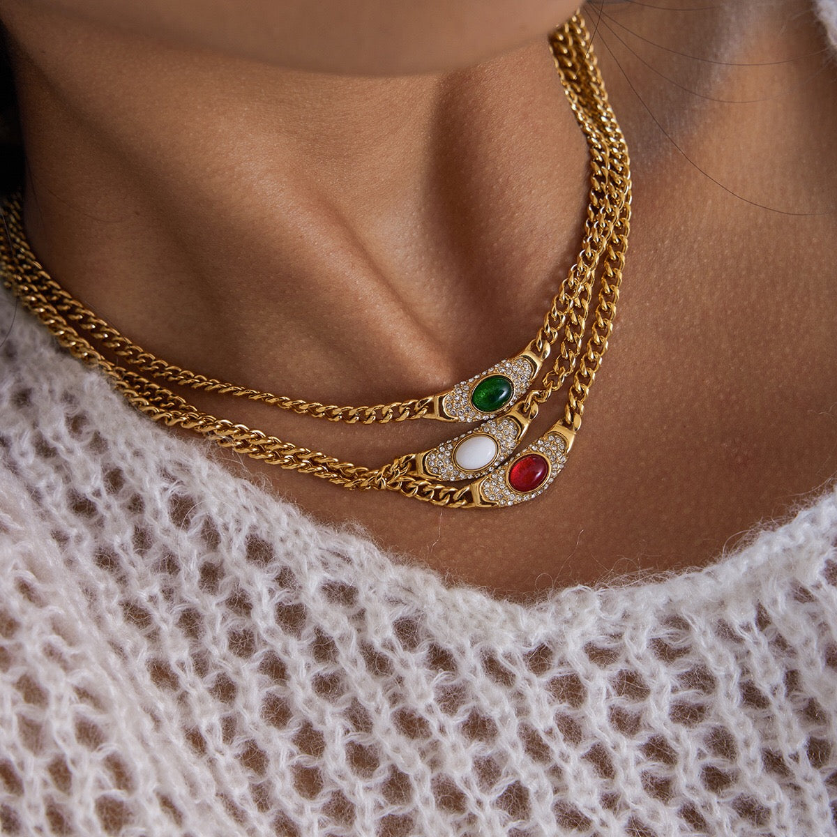 18K Gold Empire Gemstone Cuban Link Chain Statement Necklace