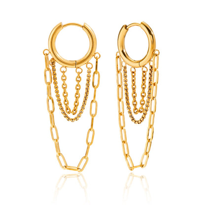 18K Gold Chic Chain Small Hoop Dangle Huggie Earrings