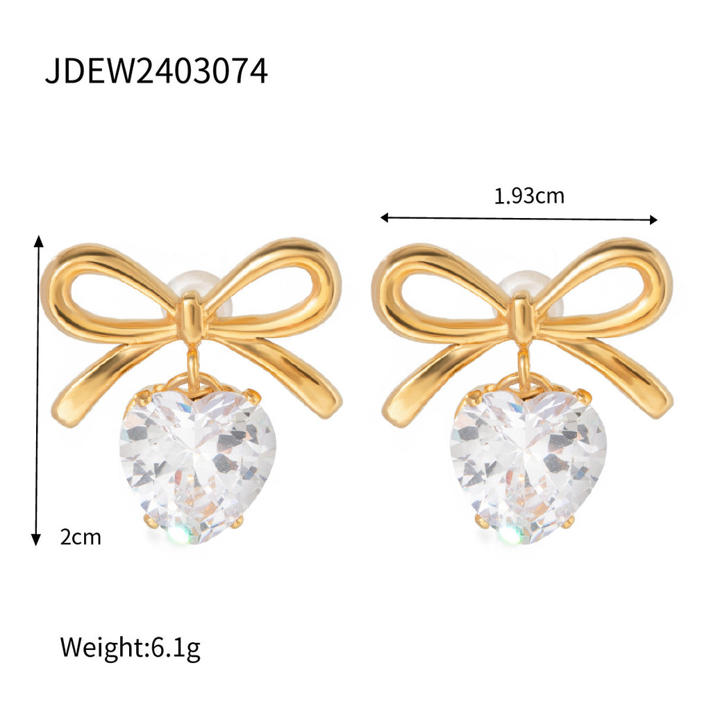 18K Gold Bling Heart Bow Dangle Earrings