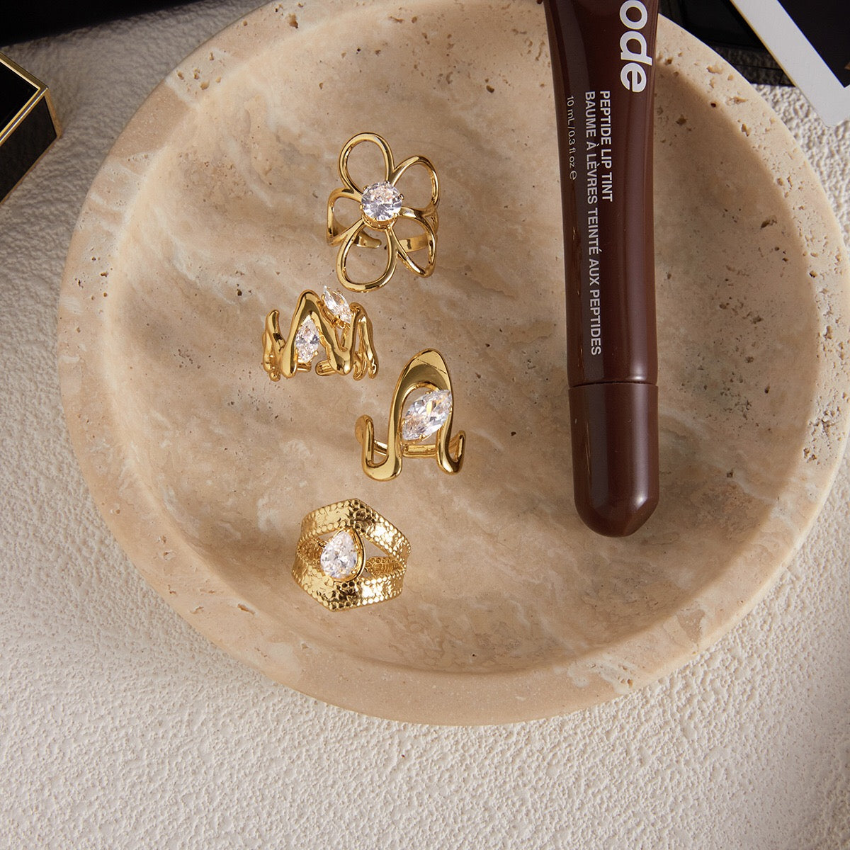 18K Gold Daily Glam Flower Heart CZ Statement Rings Set